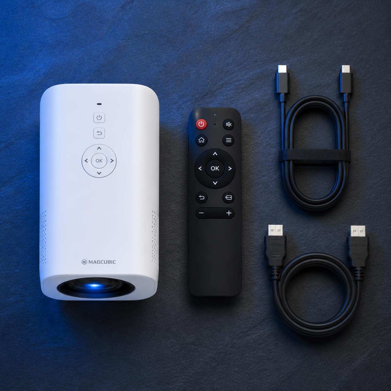 Projector with included remote control, USB-C and HDMI cables