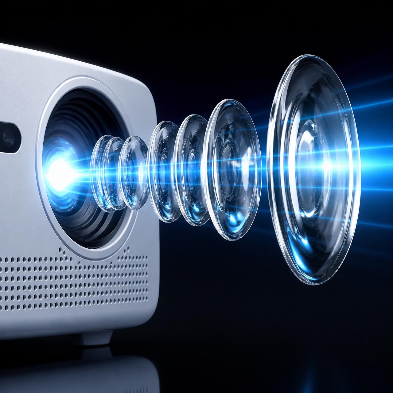 Close-up of the multi-element projector lens optics