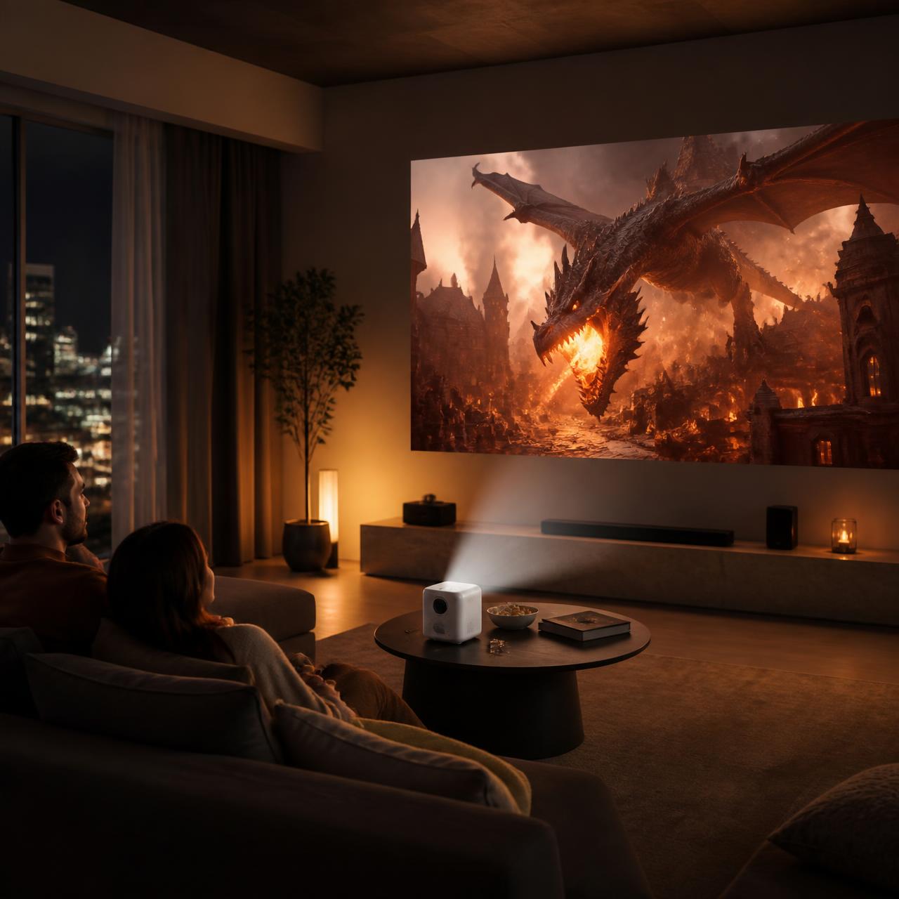 Projector casting a large cinematic image on a living room wall